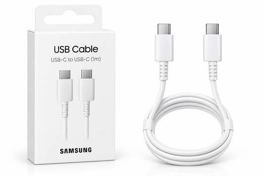 Witte Samsung USB-C-kabel naast de verpakking