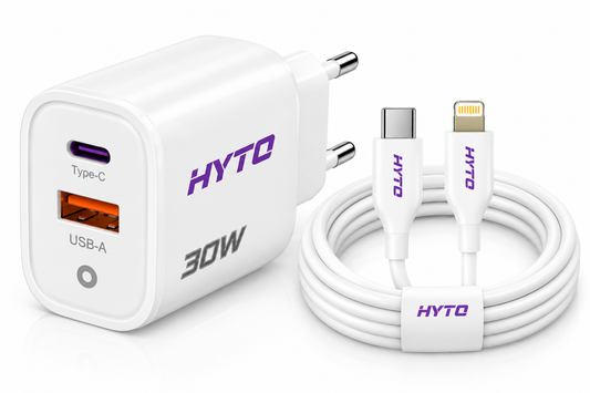 Witte HYTO Y51-oplader met USB-C naar Lightning kabel