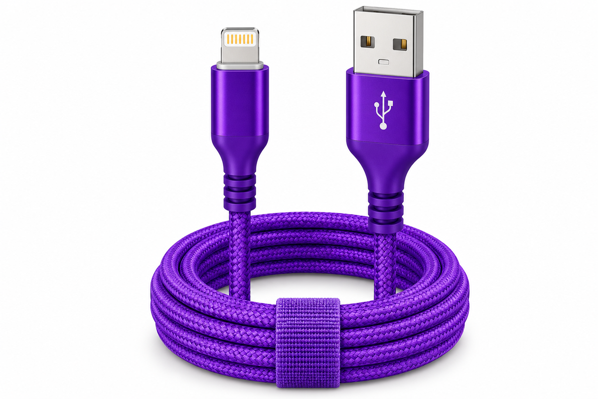 Paarse gevlochten HYTO kabel met USB-A- en Lightning-stekker en kabelband