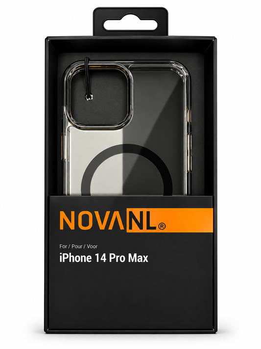 NOVANL-hoesje in verpakking met modelvermelding iPhone 14 Pro Max