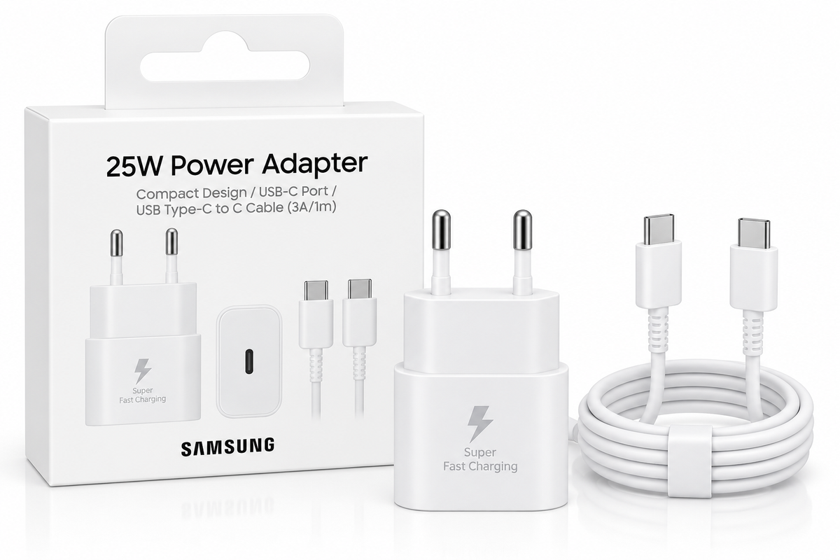 Witte Samsung 25W-oplader met USB-C-kabel naast de verpakking