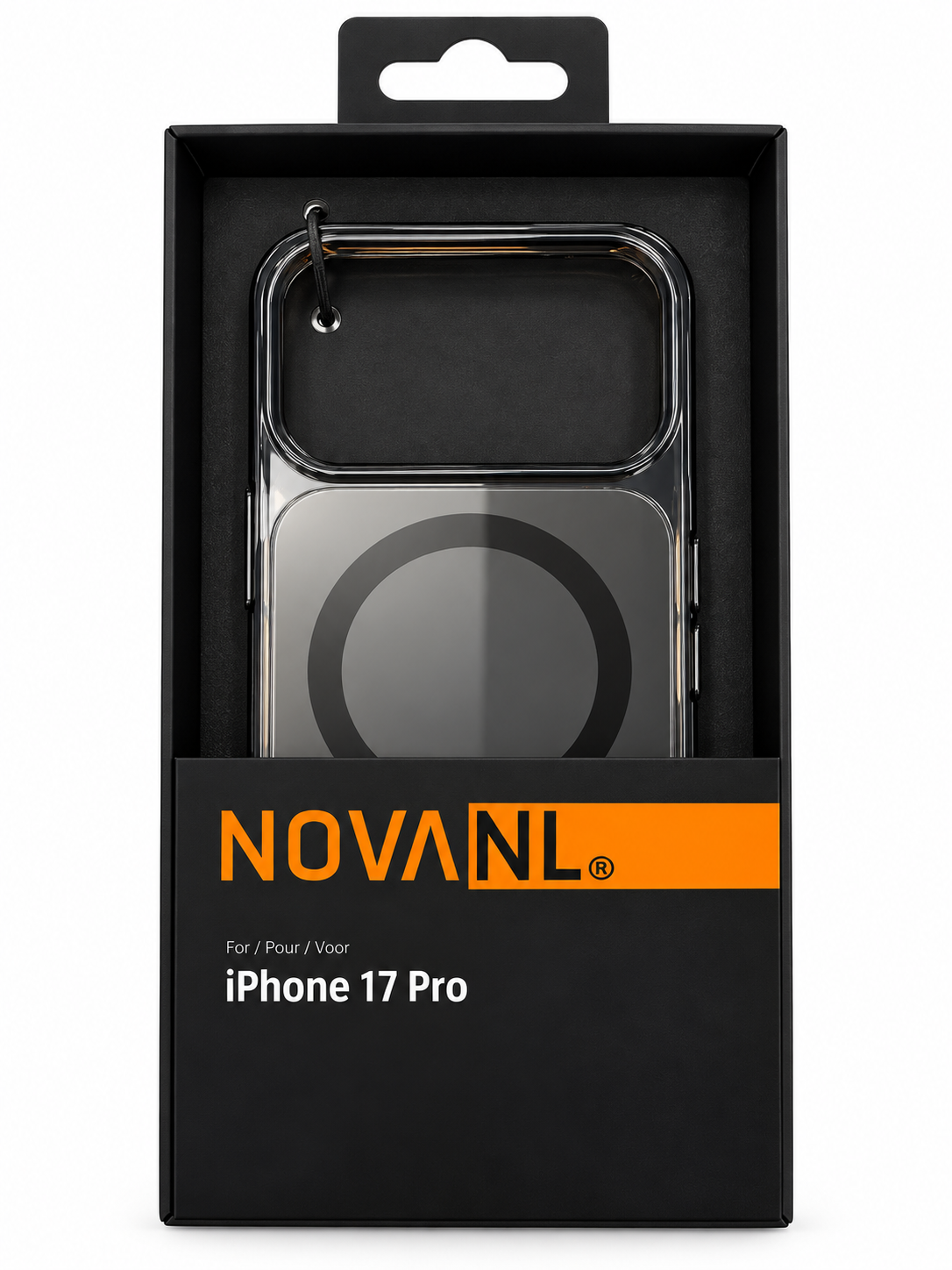NOVANL-hoesje in verpakking met modelvermelding iPhone 17 Pro