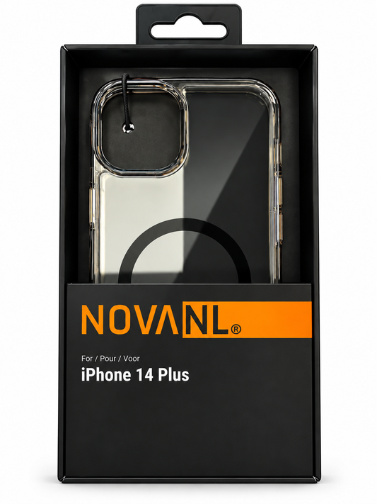 NOVANL-hoesje in verpakking met modelvermelding iPhone 14 Plus