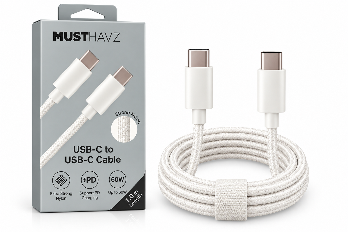 MUSTHAVZ USB-C naar USB-C kabel naast de verpakking