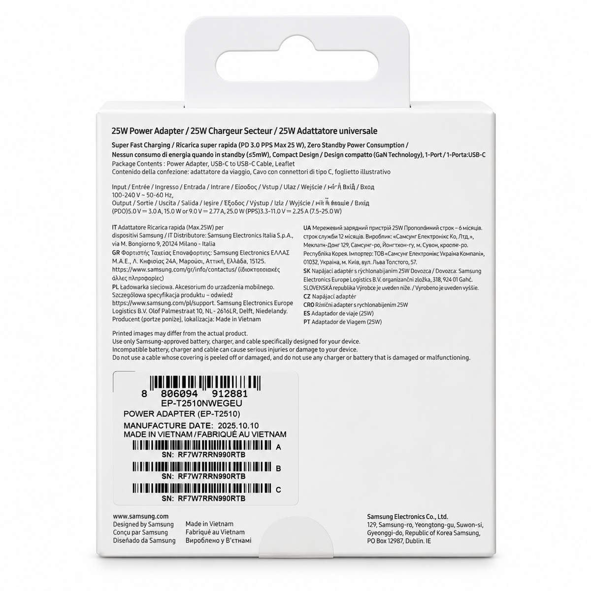 Achterkant Samsung 25W-laadsetverpakking met productspecificaties
