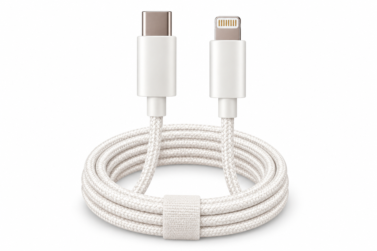 Witte gevlochten MUSTHAVZ kabel met USB-C- en Lightning-stekker