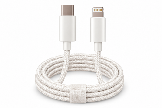 Witte gevlochten MUSTHAVZ kabel met USB-C- en Lightning-stekker