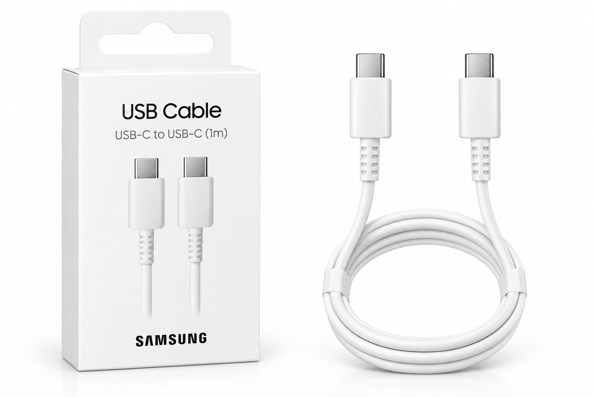 Witte Samsung USB-C-kabel naast de verpakking
