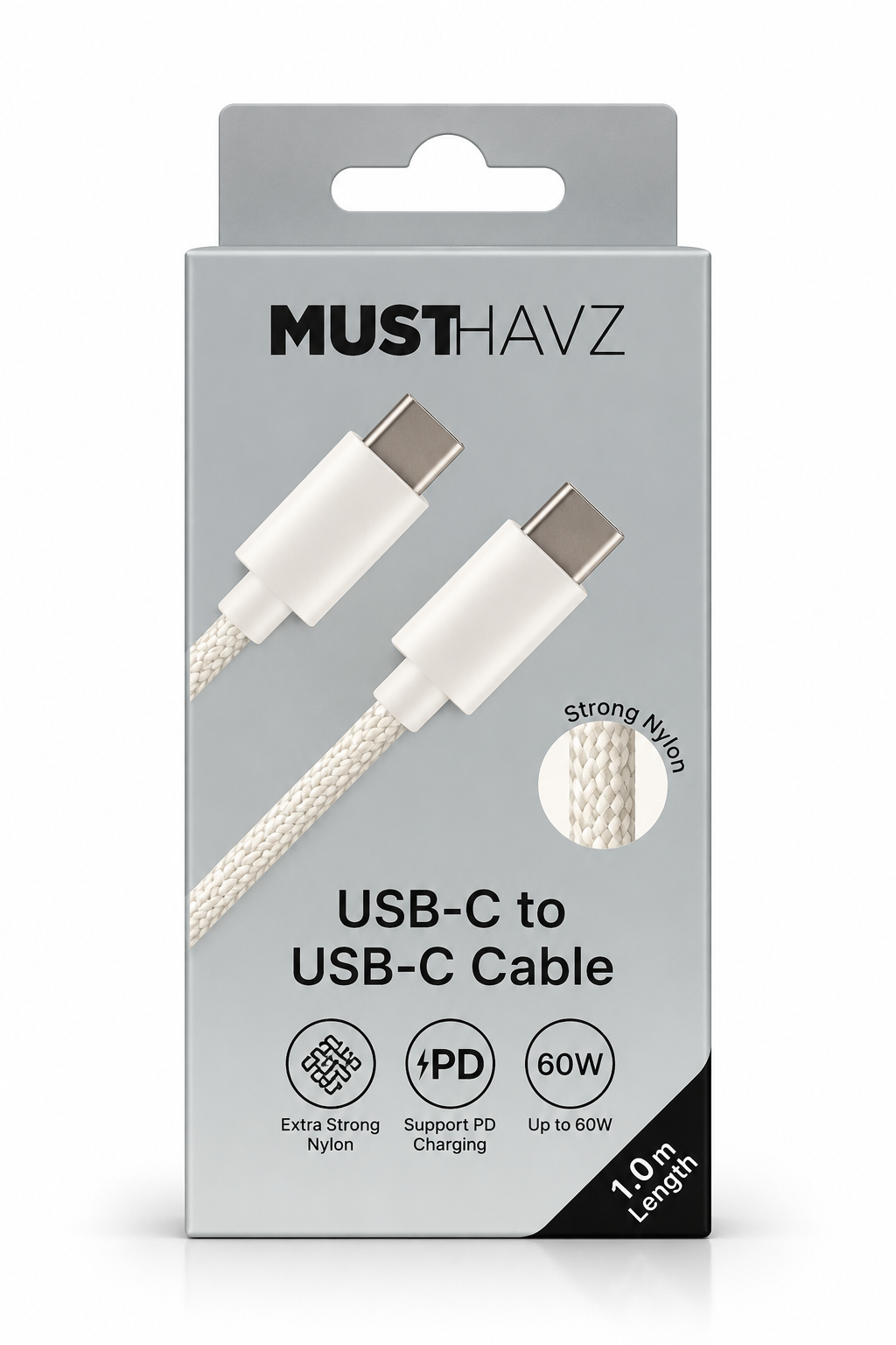 Voorkant MUSTHAVZ USB-C naar USB-C kabelverpakking, 60W en 1 meter