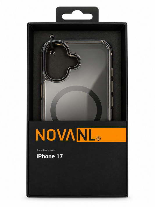 NOVANL-hoesje in verpakking met modelvermelding iPhone 17