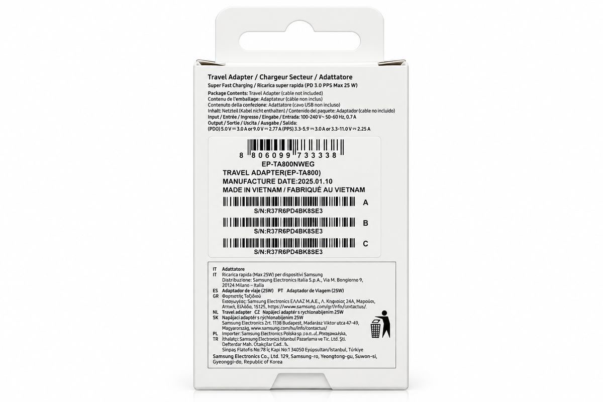 Achterkant Samsung 25W-adapterverpakking met productspecificaties