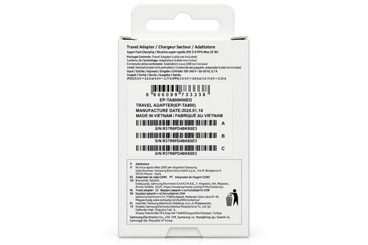Achterkant Samsung 25W-adapterverpakking met productspecificaties