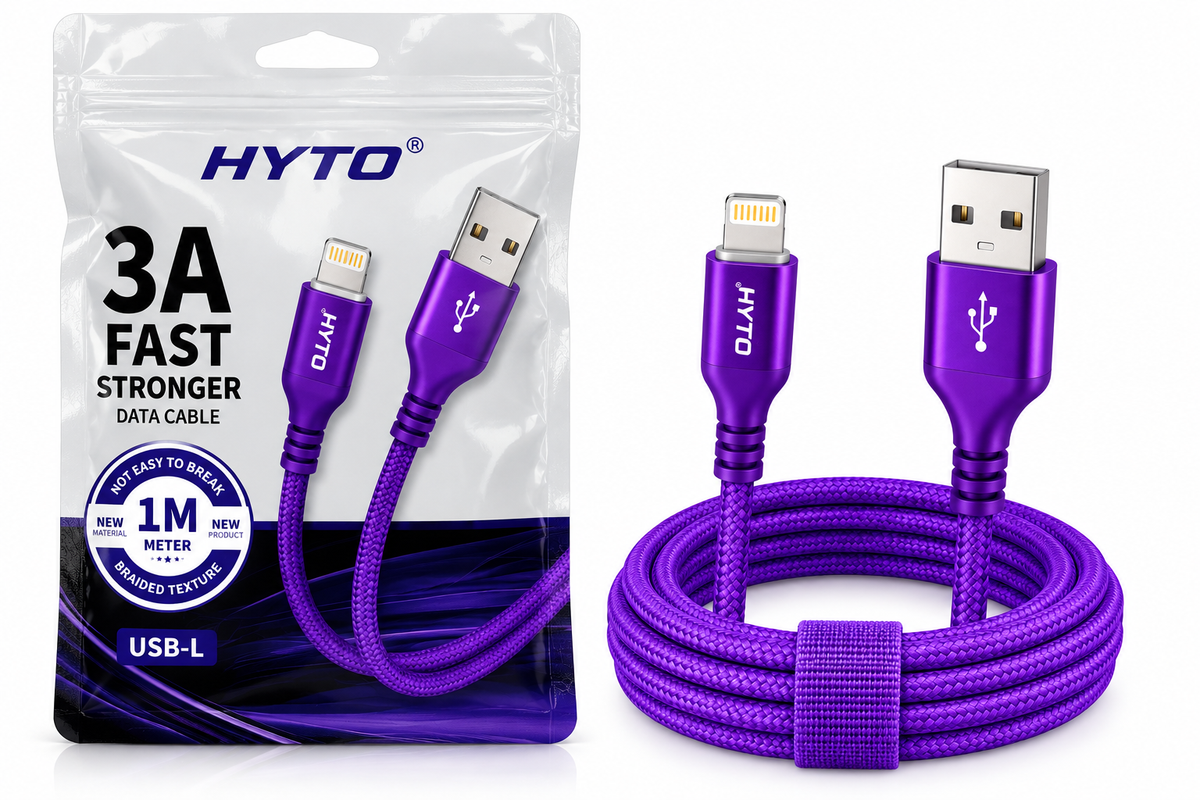 Paarse HYTO Lightning kabel naast de verpakking