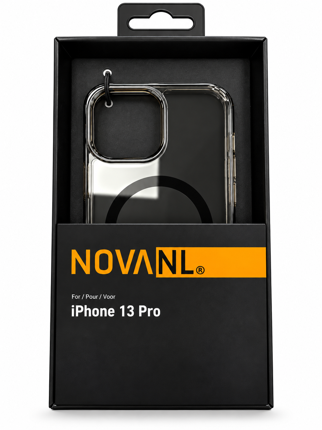 NOVANL-hoesje in verpakking met modelvermelding iPhone 13 Pro
