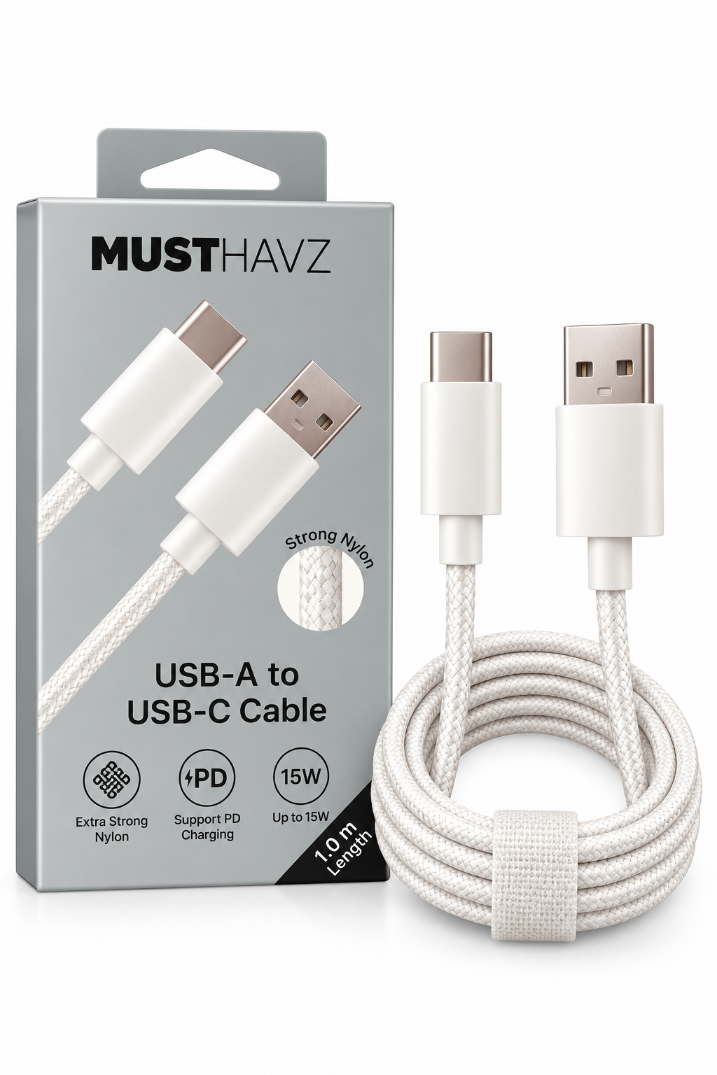 MUSTHAVZ USB-A naar USB-C kabel naast de verpakking