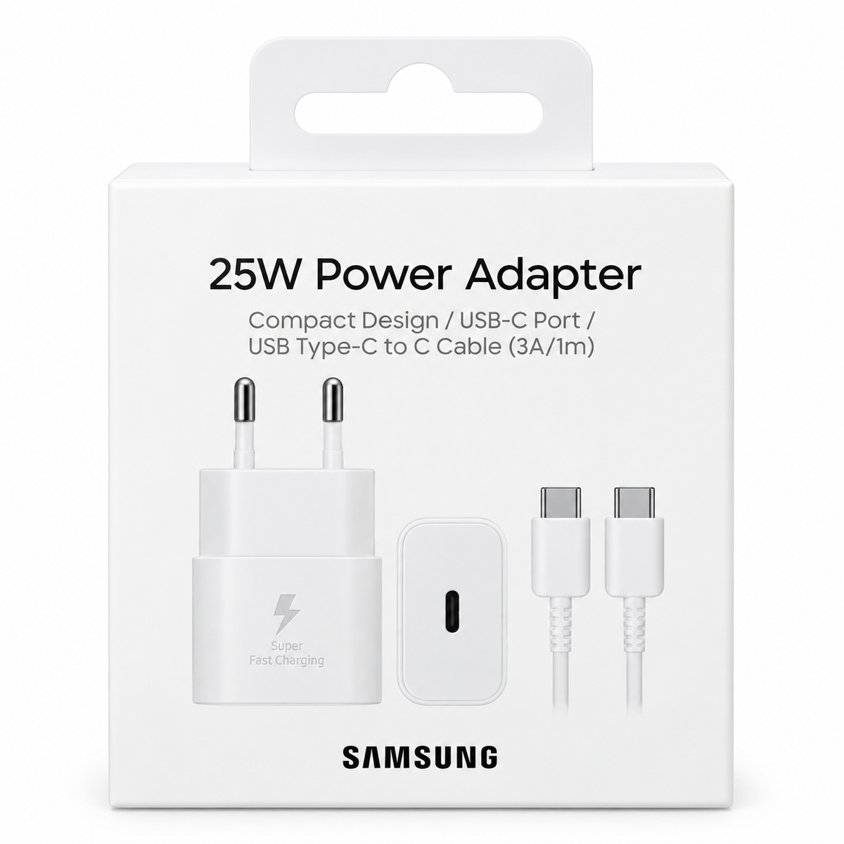 Voorkant Samsung 25W-opladerverpakking met USB-C-kabel van 1 meter