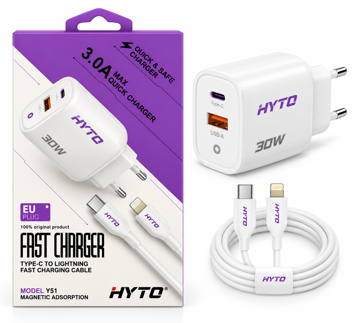 HYTO Y51-oplader en Lightning-kabel naast de verpakking