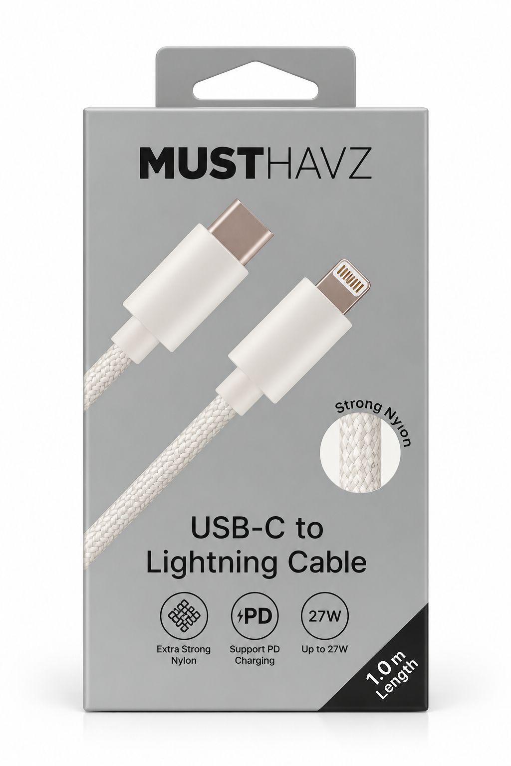 Voorkant MUSTHAVZ USB-C naar Lightning kabelverpakking, 27W en 1 meter