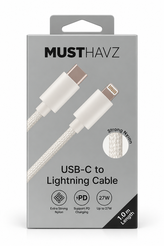 Voorkant MUSTHAVZ USB-C naar Lightning kabelverpakking, 27W en 1 meter