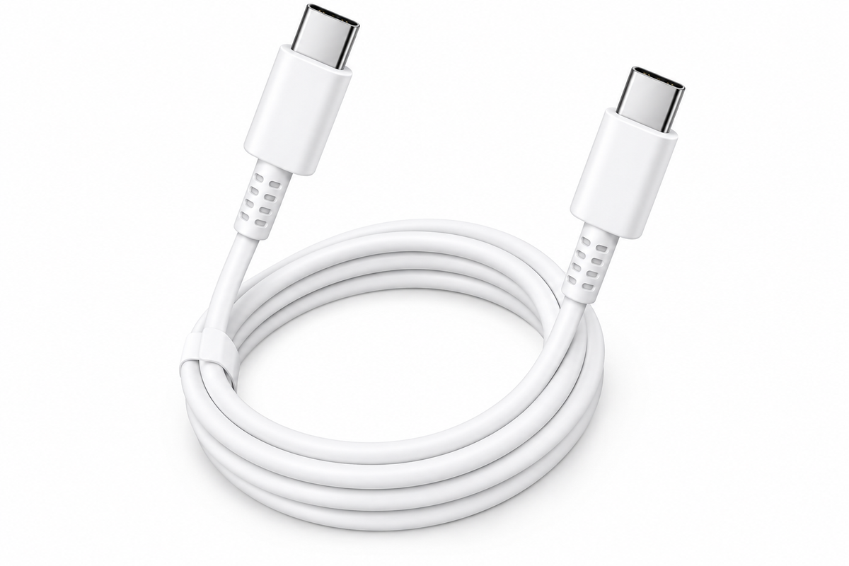 Witte opgerolde Samsung kabel met twee USB-C-stekkers