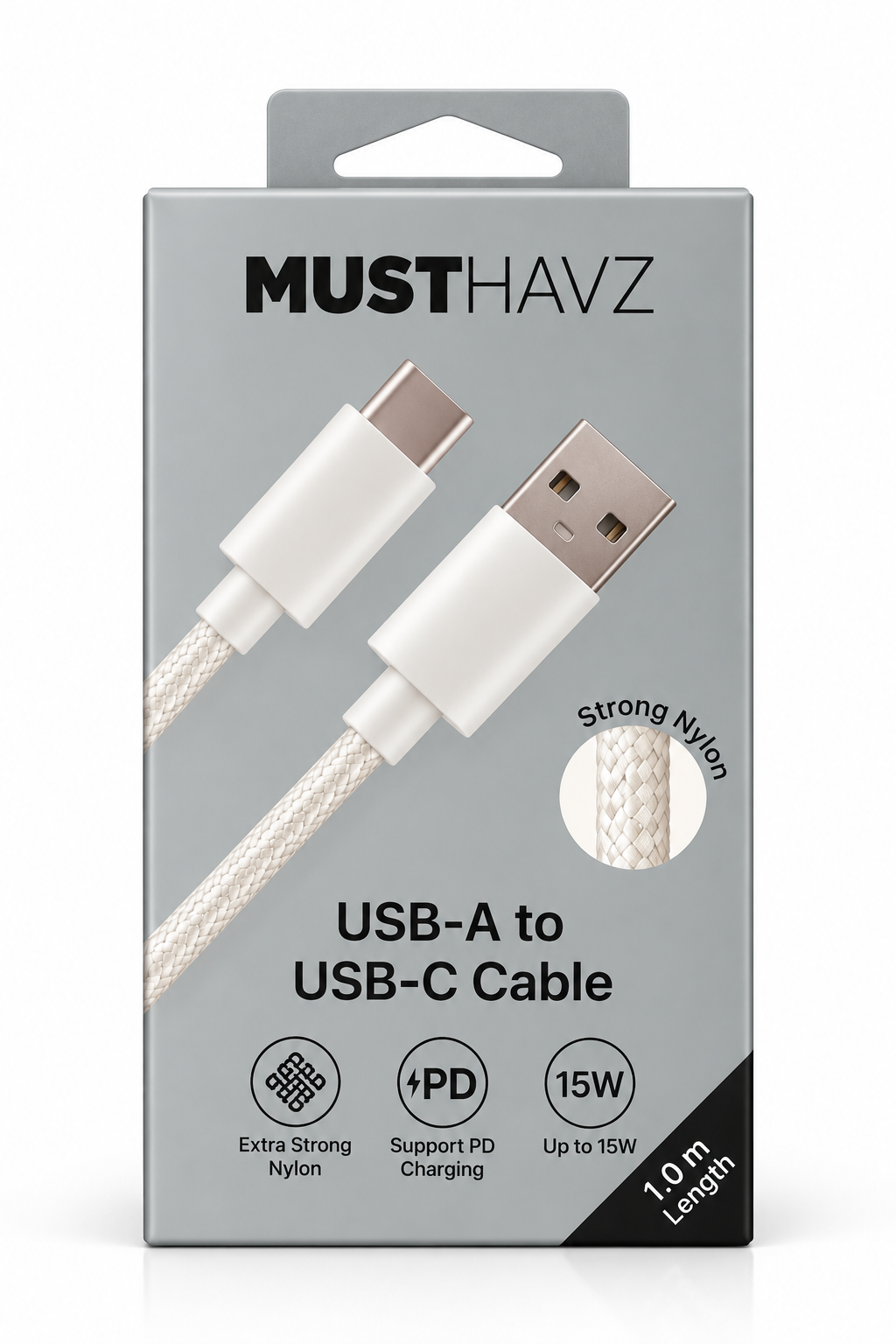 Voorkant MUSTHAVZ USB-A naar USB-C kabelverpakking, 15W en 1 meter