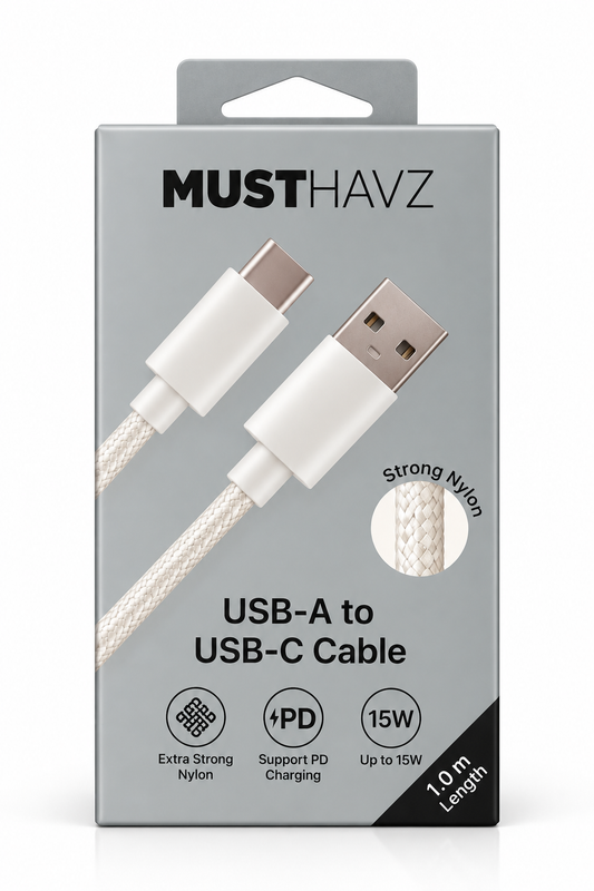 Voorkant MUSTHAVZ USB-A naar USB-C kabelverpakking, 15W en 1 meter