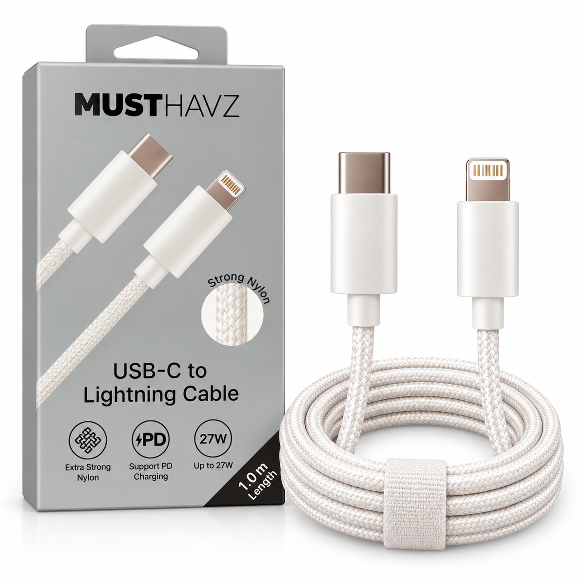 MUSTHAVZ USB-C naar Lightning kabel naast de verpakking