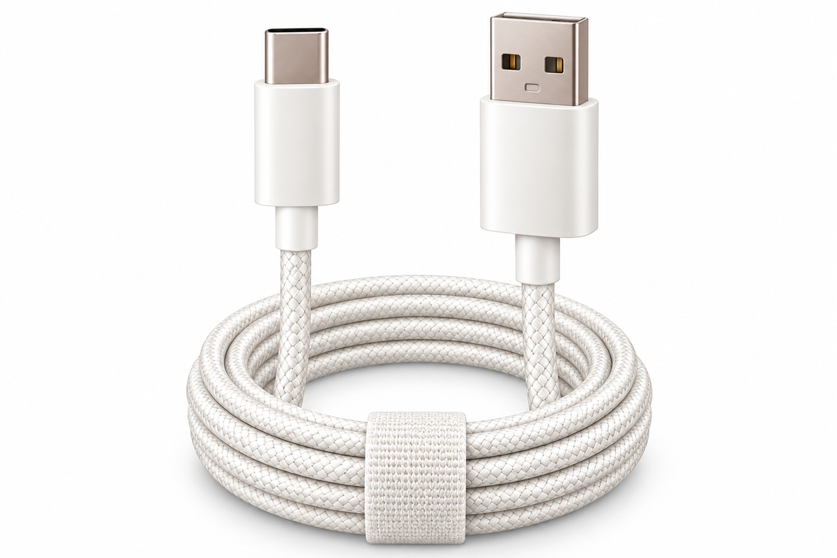 Witte gevlochten MUSTHAVZ kabel met USB-A- en USB-C-stekker