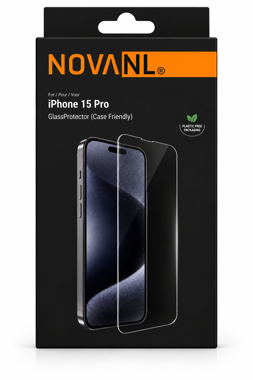 NOVANL GlassProtector-verpakking met modelvermelding iPhone 15 Pro