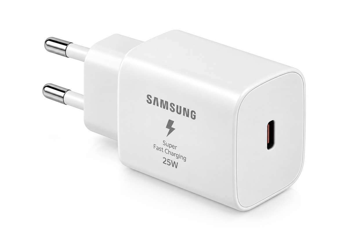 Witte Samsung 25W-oplader met USB-C-poort en Europese stekker
