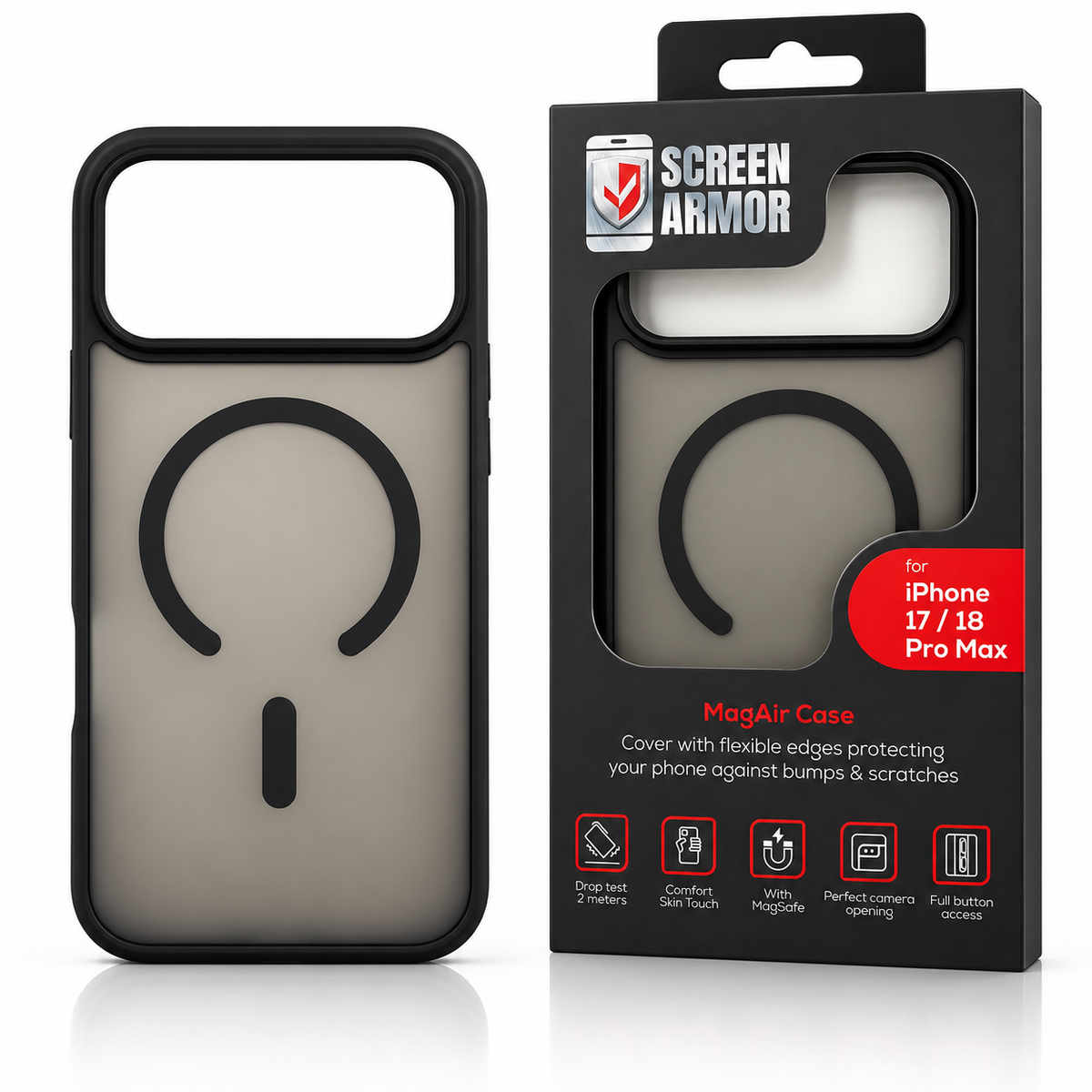 Screen Armor MagAir Case – MagSafe Hoesje voor iPhone 17 / 18 Pro Max – Zwart Transparant