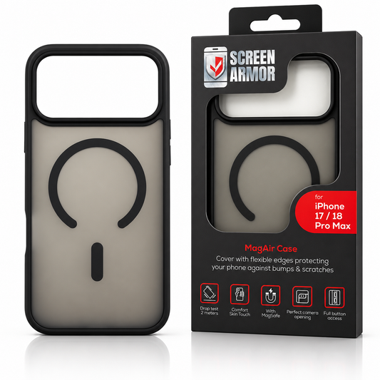 Screen Armor MagAir Case – MagSafe Hoesje voor iPhone 17 / 18 Pro Max – Zwart Transparant