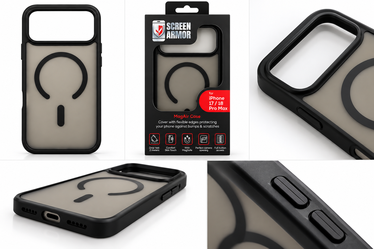 Screen Armor MagAir Case – MagSafe Hoesje voor iPhone 17 / 18 Pro Max – Zwart Transparant